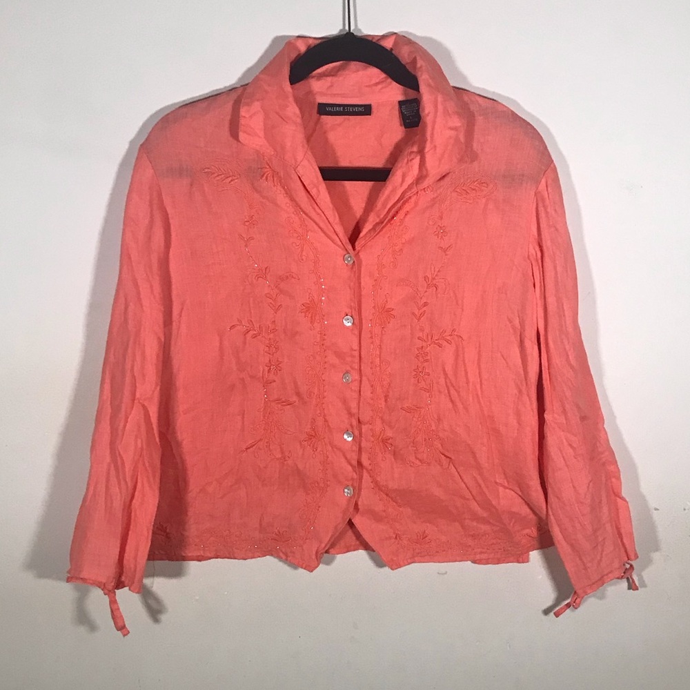 L linen valerie stevens pink embroidered embroidery beaded blouse shirt … - Picture 9 of 17